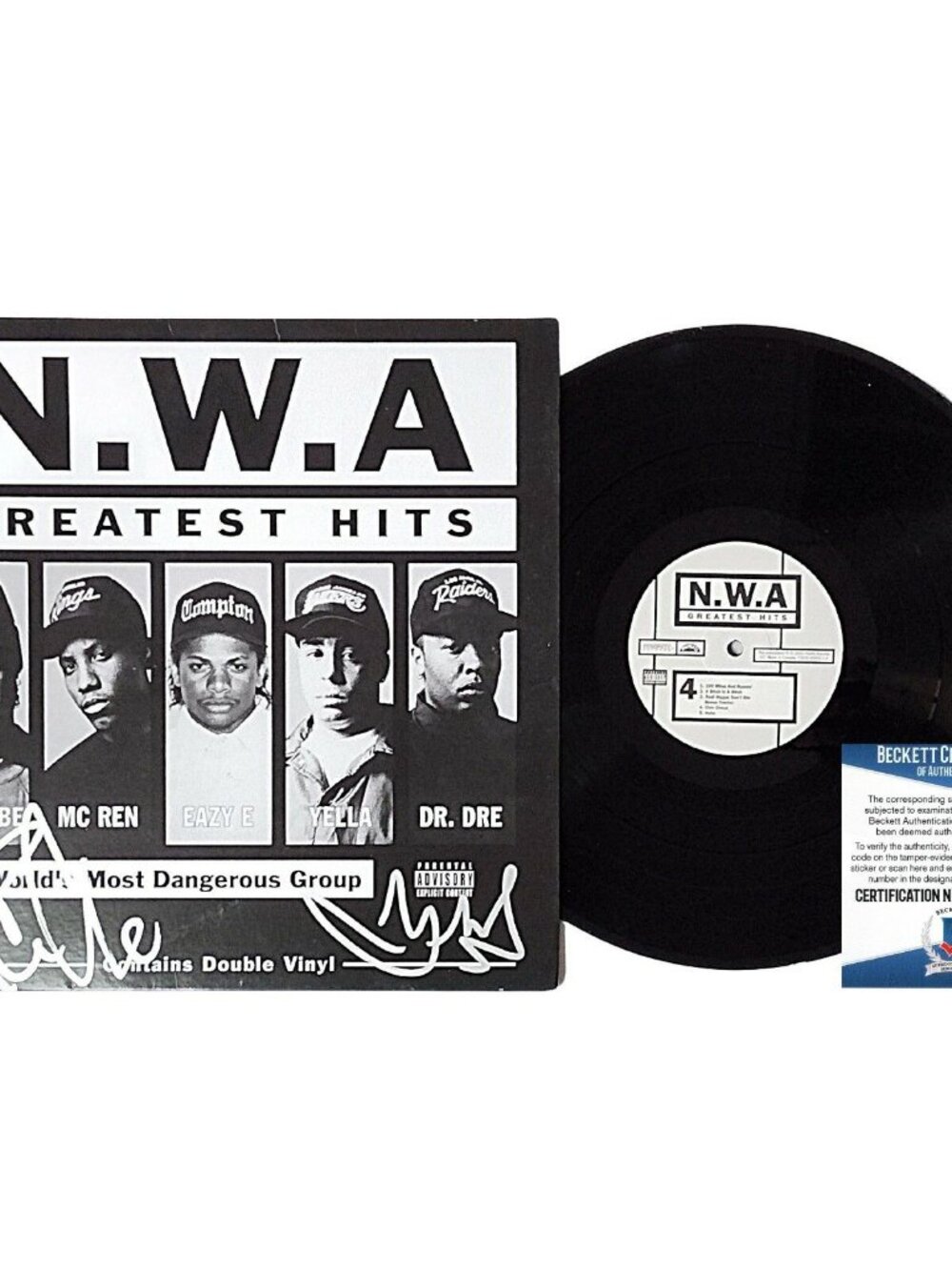 Ice Cube DJ Yella Signed NWA Greatest Hits 2LP Vinyl Beckett BAS
